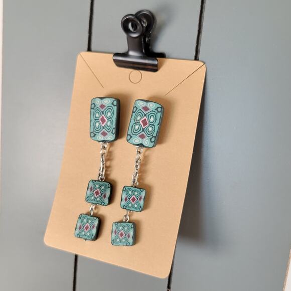 Handmade Polymer Clay Dangle Earrings Teal Pink Black Geometric Pattern Pierced - Picture 11 of 12